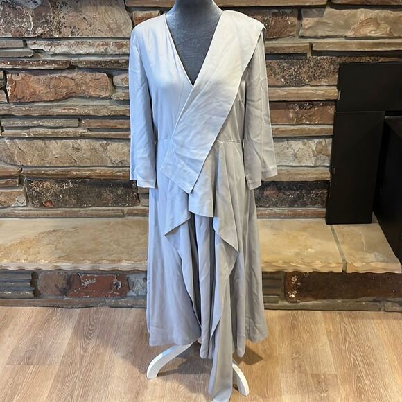 ASOS White Lyocell Grey Long Sleeve V-Neck Dress - Picture 1 of 10